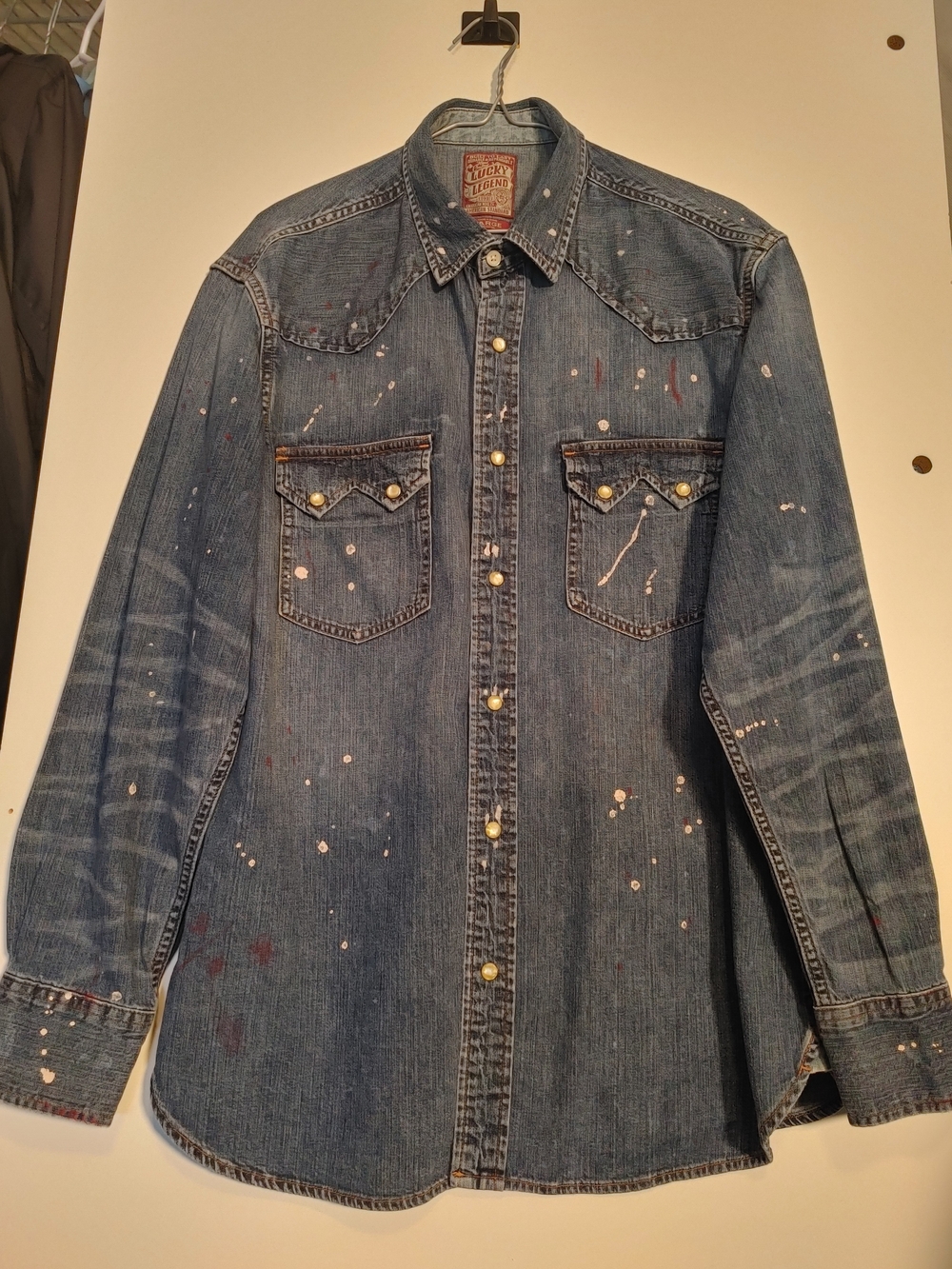 Lucky Brand Blue Denim Western Shirt with Paint Splatter